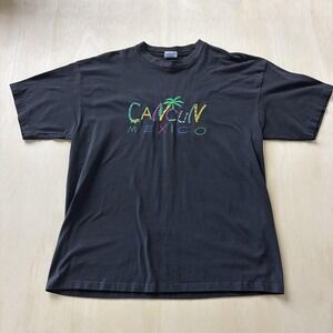 Vintage Optima Cancun Mexico Shirt Mens XL Black Embroidered Tourist 90s